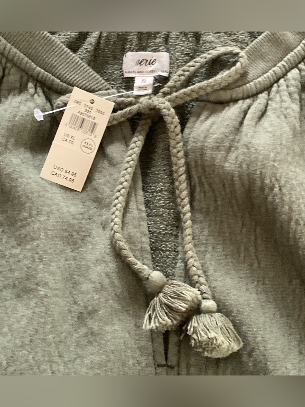 NWT aerie Sage Green Tie-Neck oversized sweatshirt women’s XL cotton - Picture 4 of 6